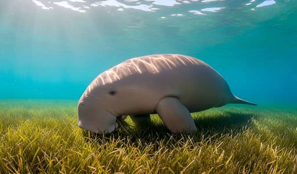a dugong grazes peacefully on seagrass beneath the clear blue water, sunlight dancing from the surface above a dugong grazes peacefully on seagrass beneath the clear blue water, sunlight dancing from the surface above